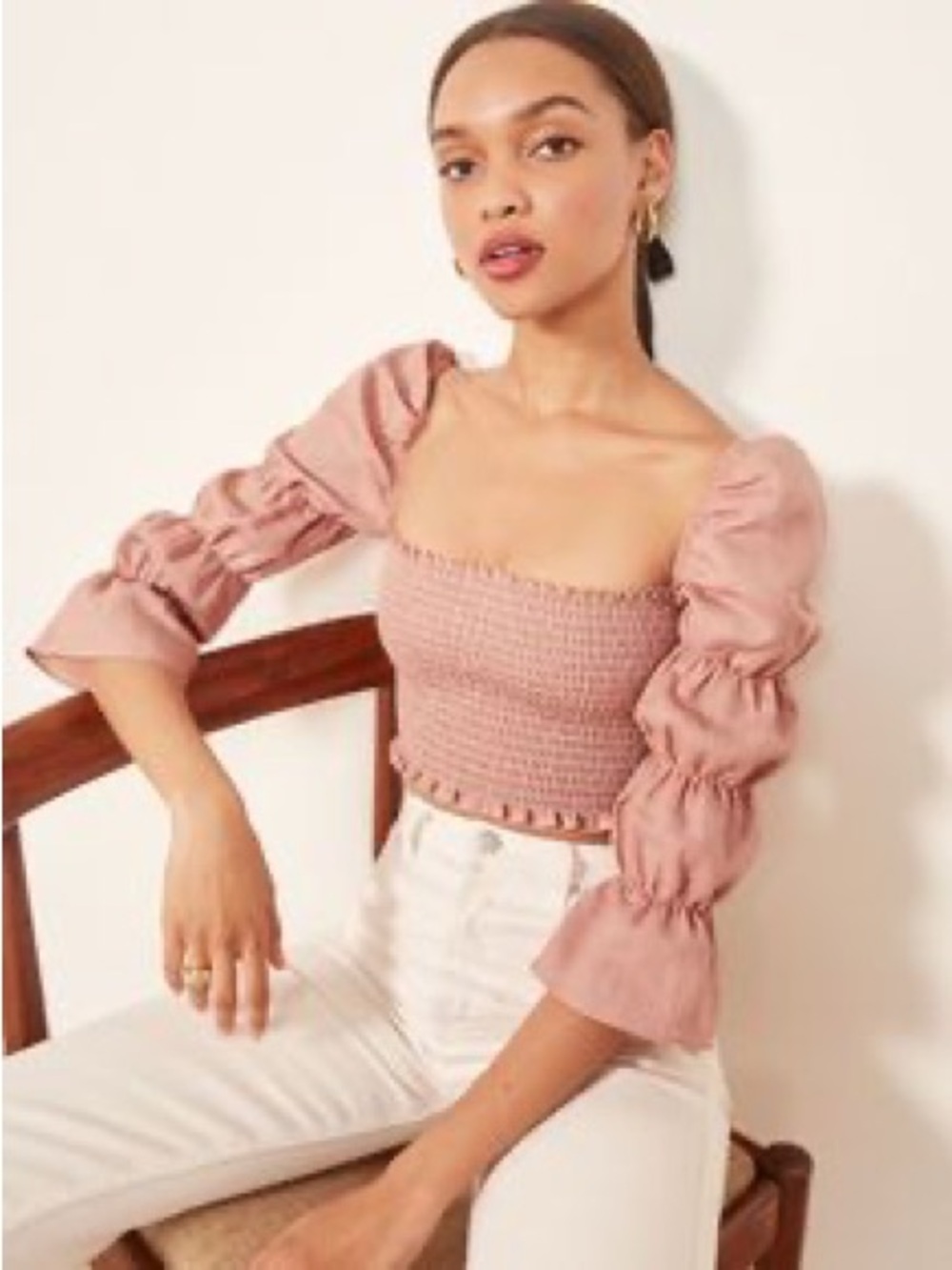 Reformation Dusty Rose Smocked Puff-Sleeve Crop Top